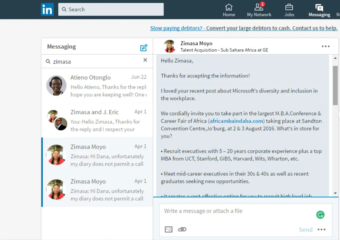 The tailored LinkedIn message pitched to Zimasa Moyo