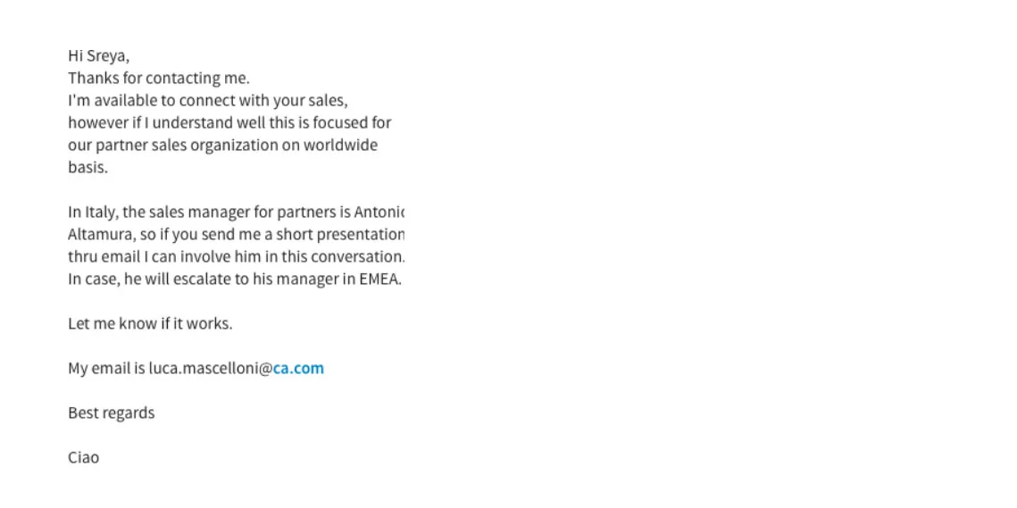 Reply from Luca, Presales and Technology Director at CA Technologies
